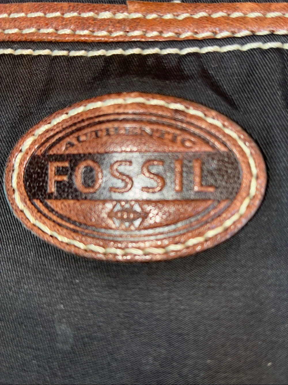 Fossil Black Nylon Messenger Bag with Brown Leather Trim euc